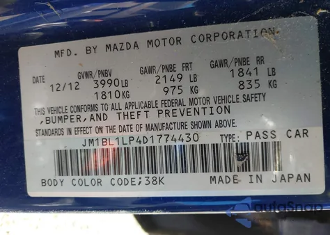 2013 Mazda Mazda3 I Touring z USA, uszkodzony, nr VIN JM1BL1LP4D1774430